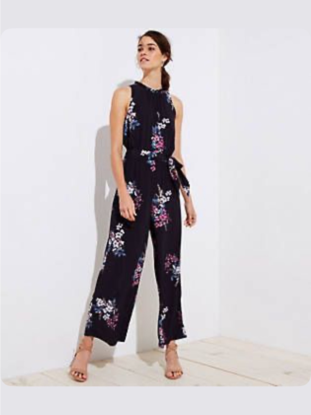 LOFT Black Floral Tie-Waist Sleeveless Jumpsuit